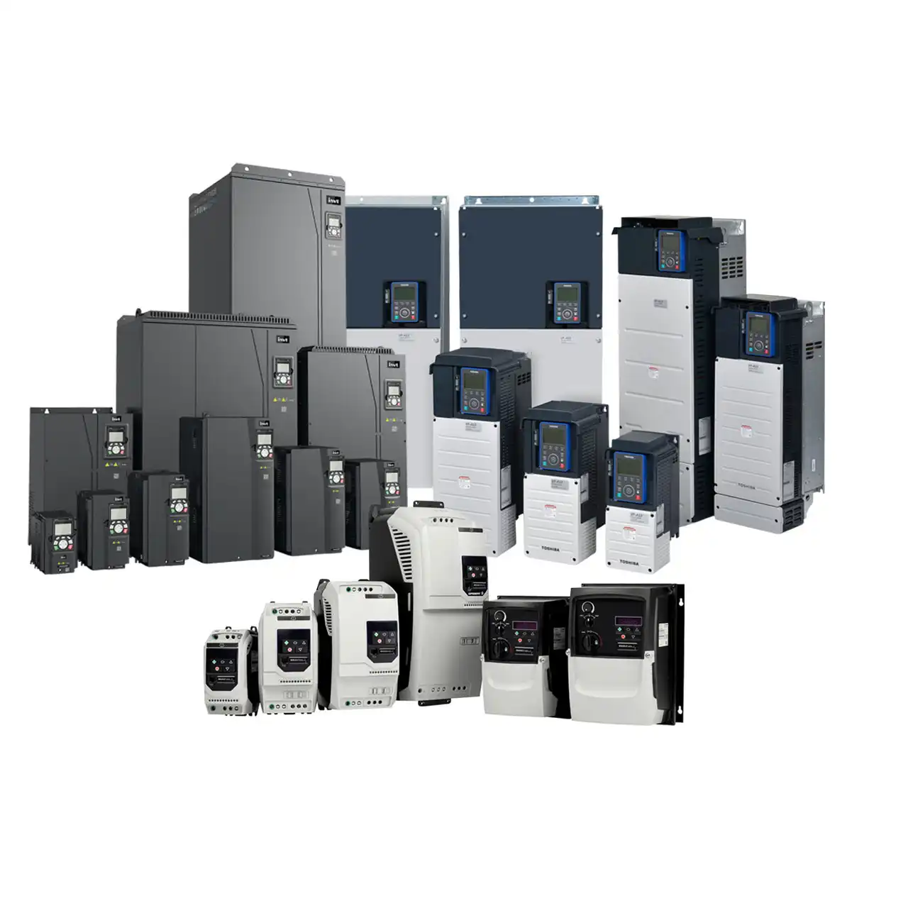 Eine Produktübersicht von Frequenzumrichtern der Marken INVT, Toshiba und EscoDrives, die von der Esco Antriebstechnik GmbH in Troisdorf ab Lager geliefert werden.