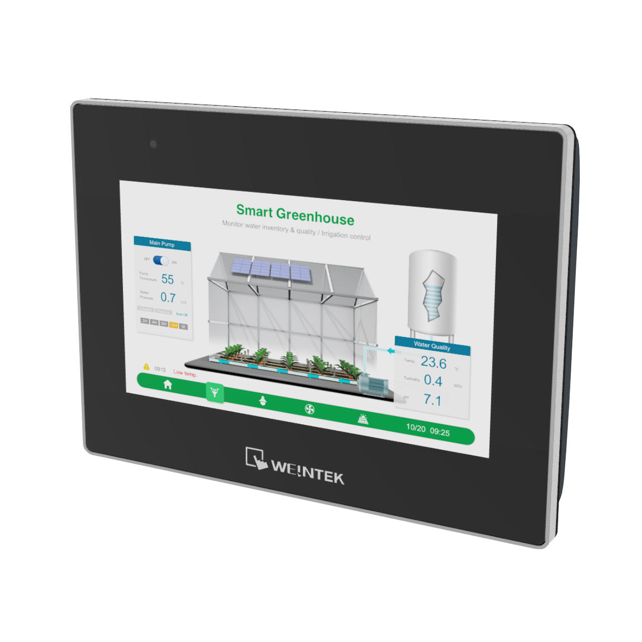 Ein Weintek cMT3072XP, ein modernes 7-Zoll kapazitives HMI (Human-Machine Interface), das ein "Smart Greenhouse"-Dashboard zeigt. Das Display zeigt Parameter wie Wasserqualität, Temperatur und Pumpenleistung.