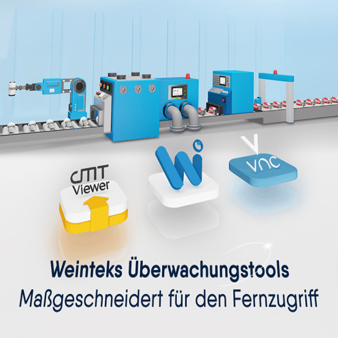 Eine Grafik, die Weinteks Überwachungstools zeigt: cMT Viewer, Weincloud und VNC. Im Hintergrund eine industrielle Produktionslinie mit automatisierten Maschinen.