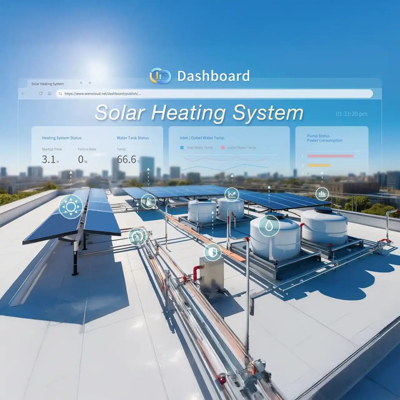 Visualisierung einer Solarthermieanlage mit Weintek Dashboard auf einem Flachdach